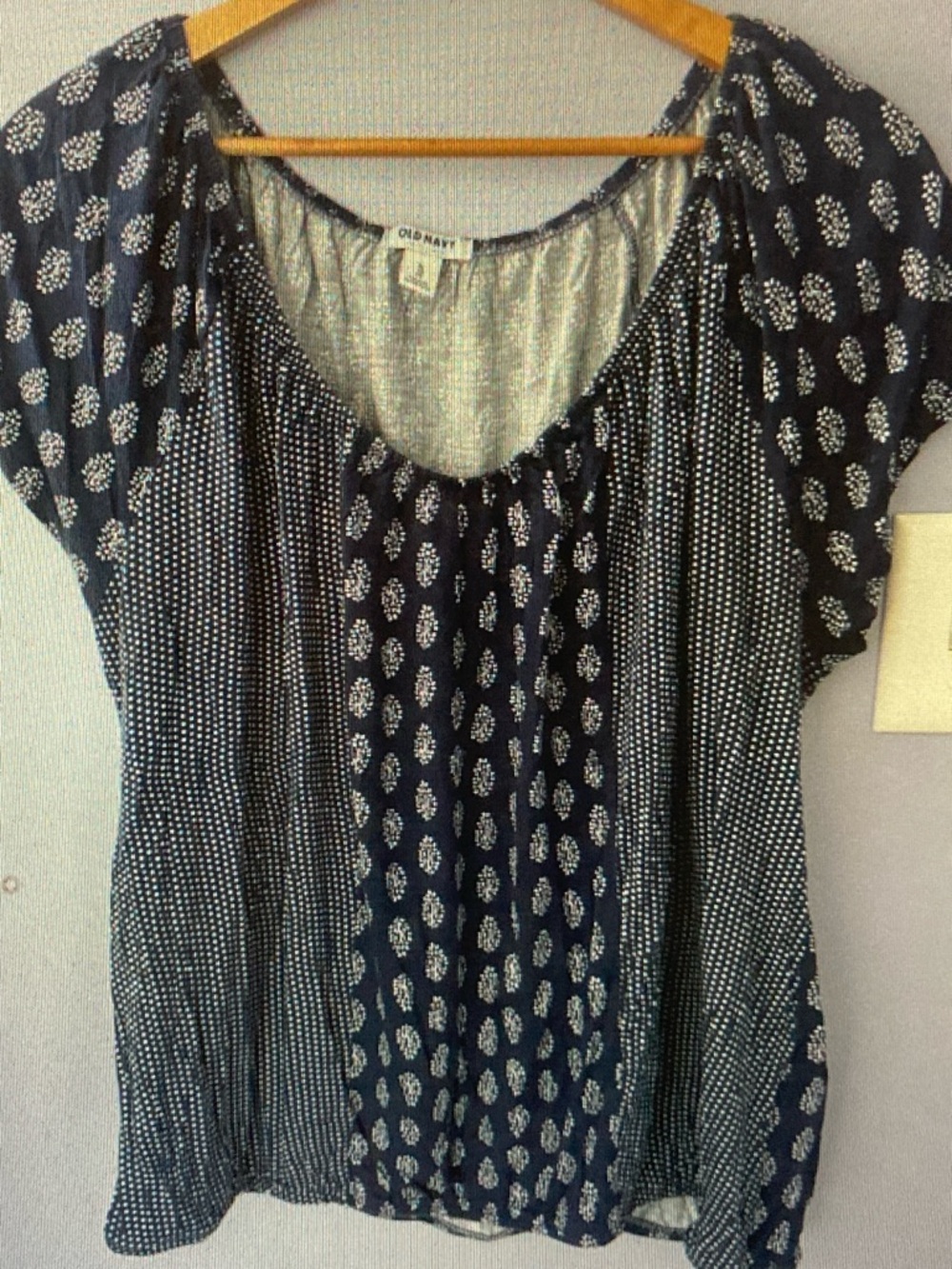 Old Navy Navy Blue Printed Short Sleeve Peasant Top